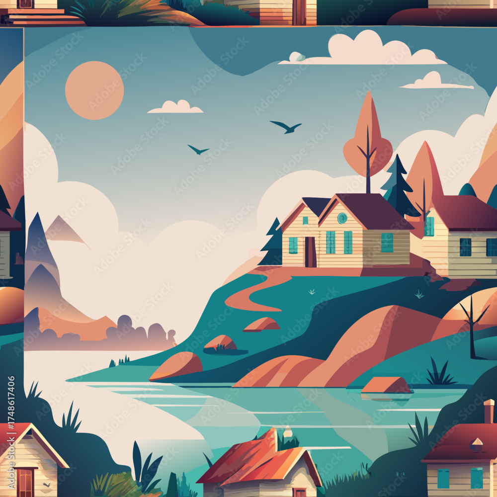 Fototapeta premium Idyllic village scene with houses by a lake and mountains Keywords: village, houses, homes