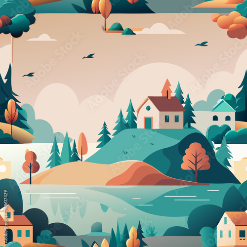 Illustrated landscape with houses and water illustration