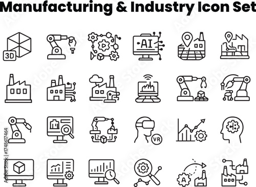 Editable digital twin icon set — industrial simulation outline