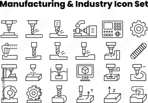 Editable CNC machining icon set — precision engineering outline