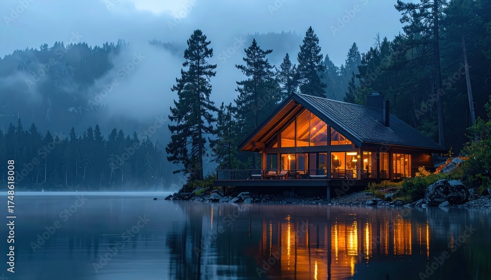 Fototapeta premium Illuminated cabin nestled on the edge of a tranquil lake, reflecting the warm interior lights against the backdrop of a misty forest during the twilight hour, evoking a sense of peace and serene...