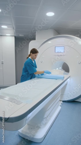 Vertical shot of female doctor in medical uniform unrolling disposable sheet over MRI patient table in clean modern imaging room