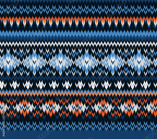 Seamless fairisle sweater knit pattern. Repeating  knitted vector print with a blue, white and orange horizontal zigzag design. Apparel textile pattern.