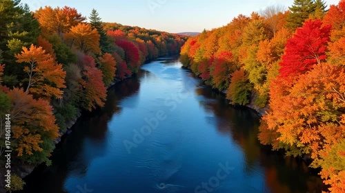 Aerial River Flowing Through Autumn Forest: Colorful Tree Reflections on a Bright Day