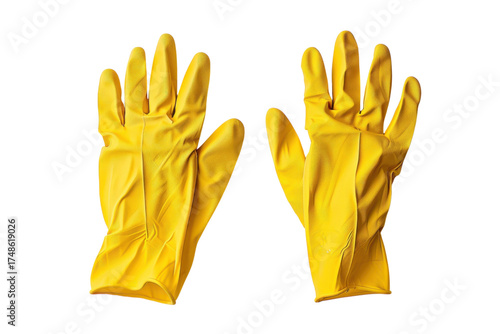 Bright yellow rubber gloves displayed against a clean white background for household cleaning tasks