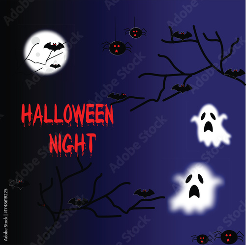 A spooky Halloween scene with bats, ghosts, and spiders under the moonlight. The image evokes a sense of dread and fear.