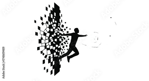 Silhouette of a person breaking apart into digital particles, symbolizing transformation and data.