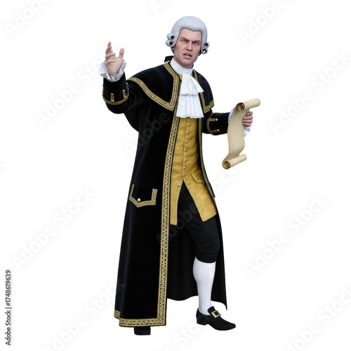 Victorian Era gentleman in a formal black robe with gold trim and a ruffled white cravat holding an old scroll and gesturing expressively against a