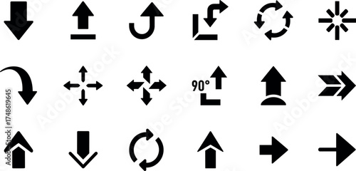 Diverse collection of black arrow glyph icons, a versatile set of symbols for direction, navigation, and user interface elements