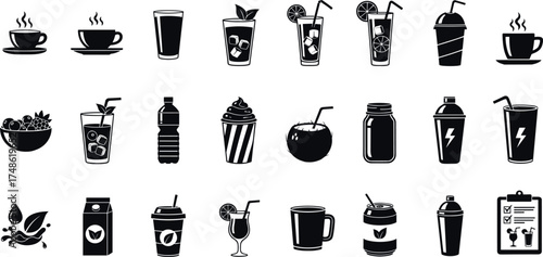 Simple monochrome glyph icon set of various beverages, including hot and cold drinks like coffee, tea, smoothies, and cocktails for web and print