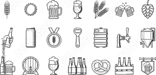 Diverse Beer Icons Malt, Mugs, Barrels, and Pretzels in Vector Art