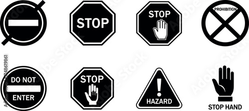 Collection of stop signs, road signs and hazard symbols in a flat design style for traffic and safety