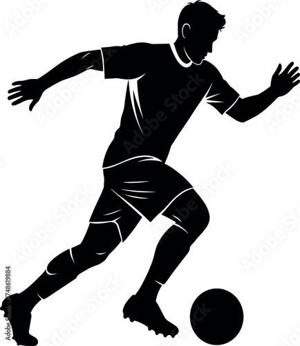 Silhouette of a soccer player in action, dribbling a ball with speed and determination