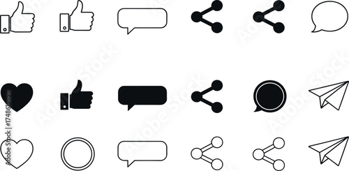 Social Media Icons Thumbs Up, Hearts, Speech Bubbles, Share Symbols, and Paper Airplanes