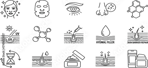Essential line icons for skincare and beauty, covering cosmetic procedures, anti-aging treatments, sun protection, skin health, and dermatological care concepts