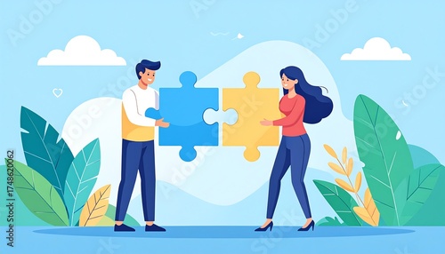 Two people fitting a puzzle together in a nature scene.  A concept of teamwork