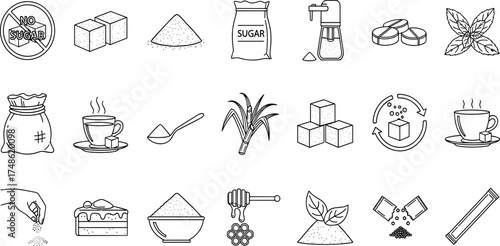 Sugar and sweeteners line icon set featuring symbols for sucrose, glucose, stevia, and sugary foods, perfect for graphic design projects