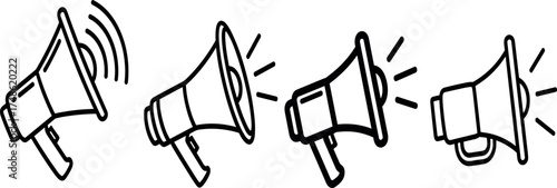 Set of four outline megaphone icons illustrating public announcement, communication, and marketing alerts in a clean, modern vector style for various digital media projects