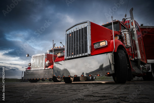 Classic Red Trucks Parked Under a Moody Sky at Twilight Near an Open Field