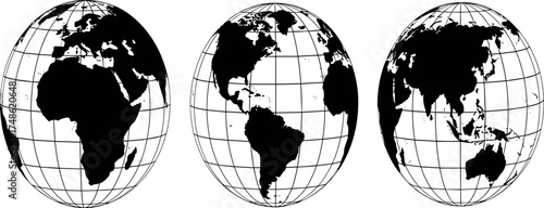 A collection of three monochrome globes illustrating different perspectives of planet Earth, showing Africa, Europe, the Americas, Asia, and Australia with a grid