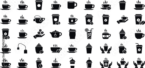 A comprehensive collection of black silhouette icons representing coffee, tea, and various hot and cold beverages for graphic design