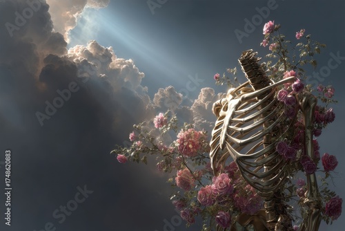 Skeleton covered in pink roses stands against dreamy, pink clouds in the sky looking peaceful and serene