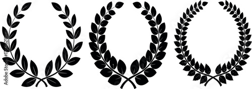 Collection of three black laurel wreath illustrations, representing victory, achievement, and honor, suitable for awards and recognition designs