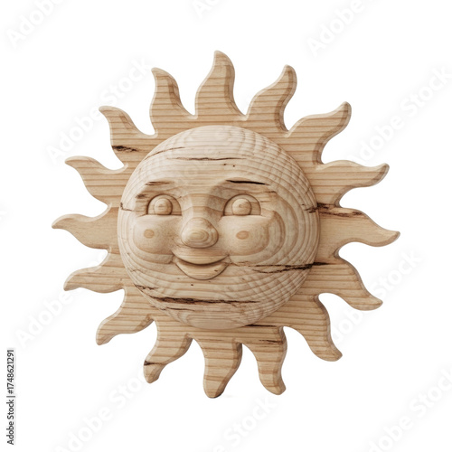 Whimsical Wooden Sun Face Carving with Textured Grain and Radiating Rays Displayed on a Soft Beige Textured Background with Subtle Shadow and Light