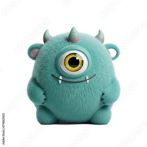 Whimsical Teal Fluffy One-Eyed Monster with Spiky Horns and a Friendly Smile Standing on a White Surface with a Subtle Shadow Perfect for Children's
