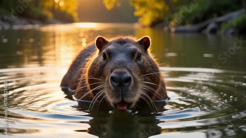 Capybara Chewing Peacefully in River: Close-Up of Relaxed Rodent in Warm Light