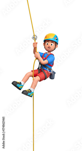 Young boy wearing a helmet and harness rappelling down a yellow rope with a determined expression and adventure gear attached to his belt in a