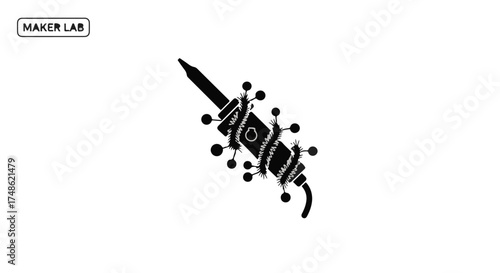Soldering iron tool featuring an electronic circuit pattern wrapped around the shaft isolated on a white background for technical repair manuals or professional engineering service branding.