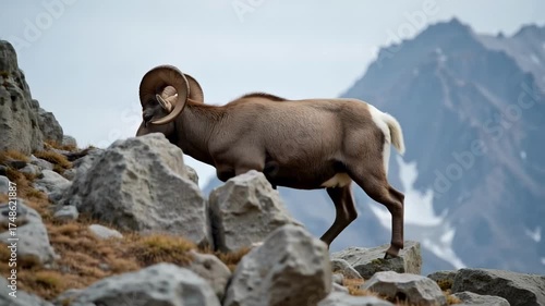 Bighorn Sheep in Rocky Mountains with Slow Head Turn in Cold Light, Resilient and Grand