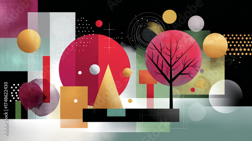 Abstract geometric landscape with circles, rectangles, and a stylized tree in vibrant colors