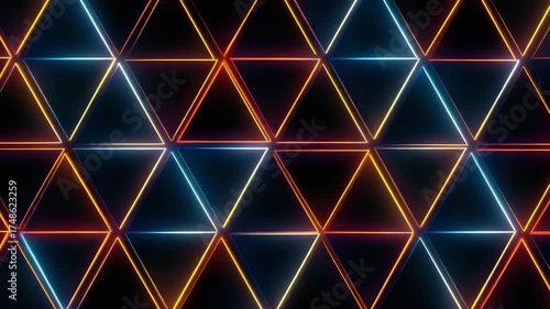 Colorful neon triangles create vibrant visual rhythm in dark space