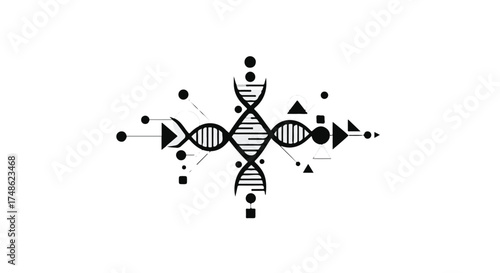 DNA double helix structure integrated with geometric icons isolated on a white background for scientific research, biotechnology marketing, healthcare branding, or genetic study presentations.