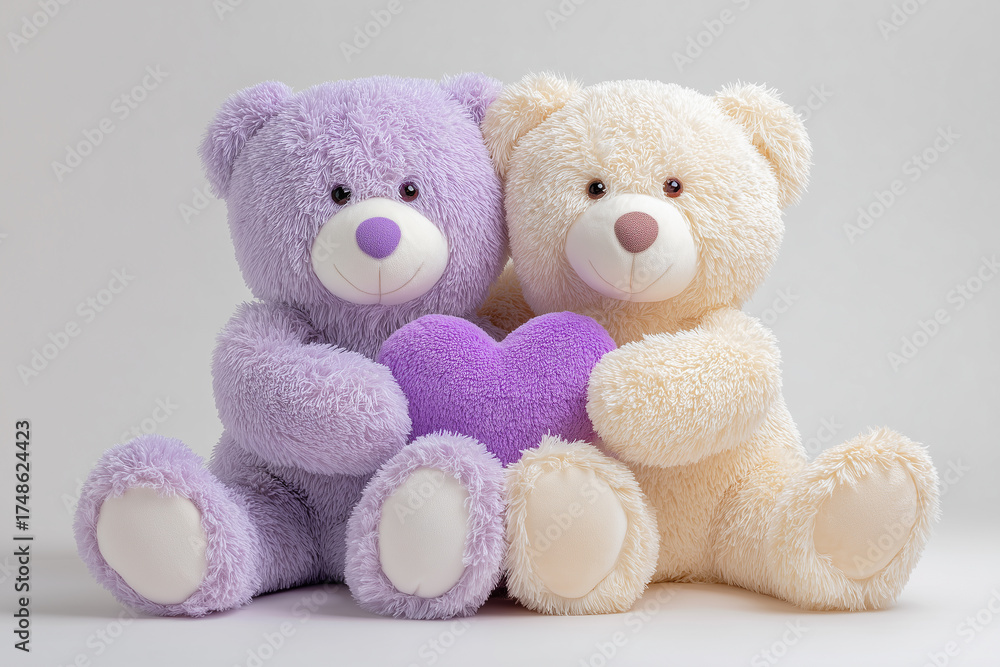 Obraz premium Two adorable pastel lavender and cream teddy bears holding a heart shape