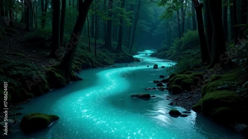 Bioluminescent River Flowing Through Dark Forest with Aqua Light Streaks and Soft Glow