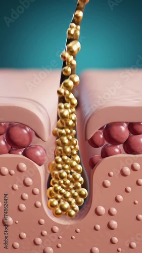 Hyper-realistic 3D video of human skin cross-section, golden liquid absorbing into a healthy hair follicle as glowing nutrient particles nourish cells. Scientific treatment process