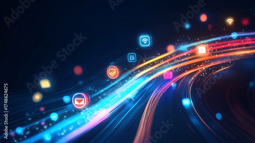 Abstract streaks of light with social media icons