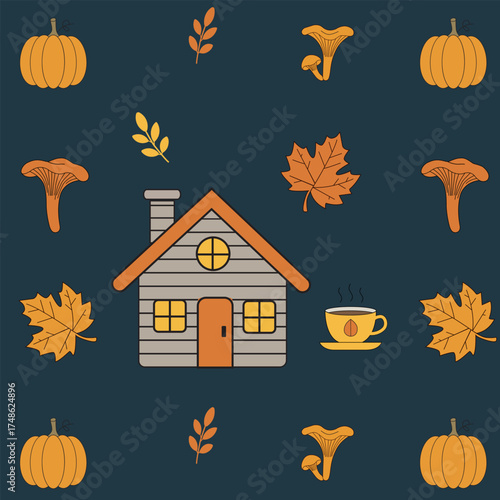  Pattern of autumn leaf, mushrooms, house and cup of tea