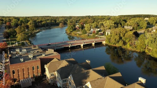 Small American town skyline. Aerial view, Establishing shot