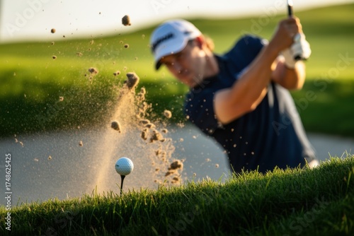 A golfer hitting a ball out of a sand trap with sand flying as he swings the club in the sunshine
