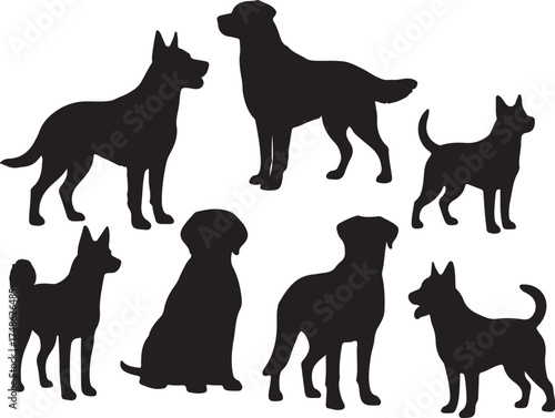 Collection of black silhouettes of various dog breeds in different poses on a white background dogs group white background and transparent background