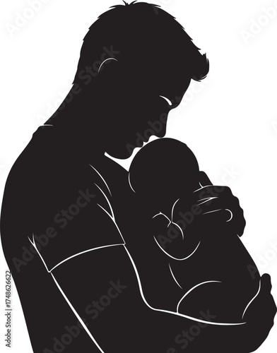 Silhouette of a father holding a newborn baby tenderly on a white background embrace white background and transparent background