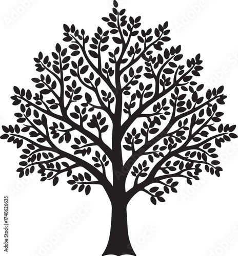 Silhouette of a large deciduous tree with many branches and leaves on a white background vector illustration white background and transparent background