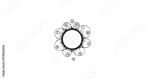 Whimsical floral illustration with a central circle and radiating petal-like shapes with faces.