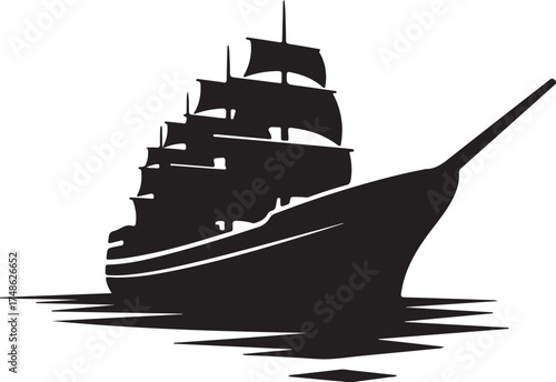 Silhouette of a majestic sailing ship with multiple sails on calm water against a white background boat white background and transparent background