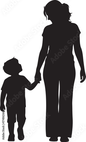 Silhouette of a mother holding her young child's hand while walking together against a white background white background and transparent background