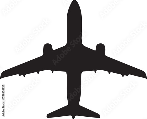 Top-down silhouette of a passenger airplane with wings spread on a white background aircraft passenger jet white background and transparent background